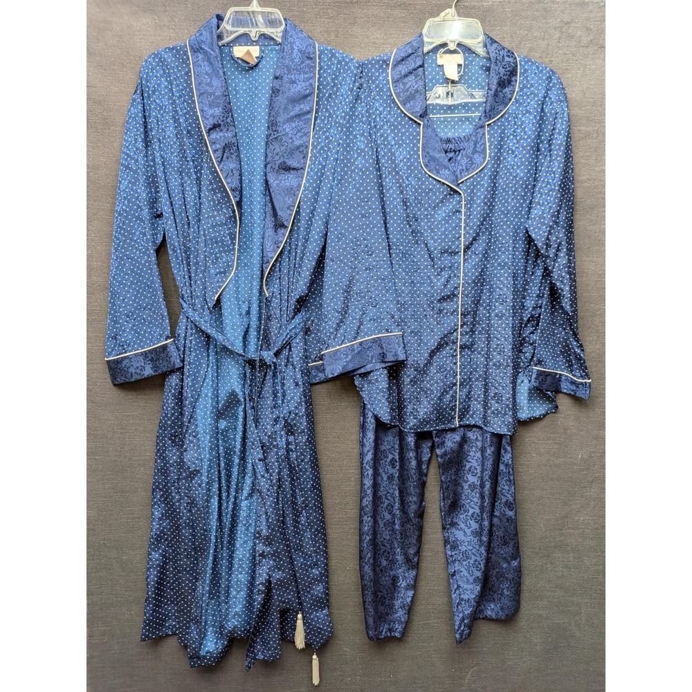 Vintage Inner Most Pajama Set Blue Polka Dot 3 Piece Set Floral Grannycore Sz M